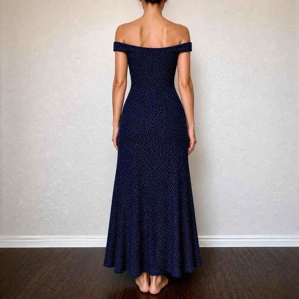 RARE Vintage Gunne Sax Navy Glitter Off Shoulder Maxi Gown Sz S - Picture 2 of 8